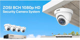 ZOSI 8CH 1080P Camera System HD-TVI DVR + 4pcs Black CCTV Dome Cameras + 2TB Hard Drive