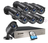 ZOSI 8CH 1080P Camera System HD-TVI DVR + 8pcs Black CCTV Dome Cameras + 2TB Hard Drive